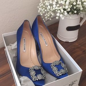 Manolo Blahnik Hangisi Blue Satin Pumps Size 38.5